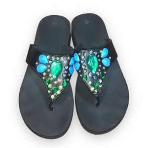 Black Bejeweled Small Wedge Flip Flop Size 10